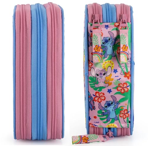 Clondo pencil case for kids, for Stitch and Angel Kiss fans, 3 organized compartments, filled pencil case for boys and girls, 45 pieces for school.