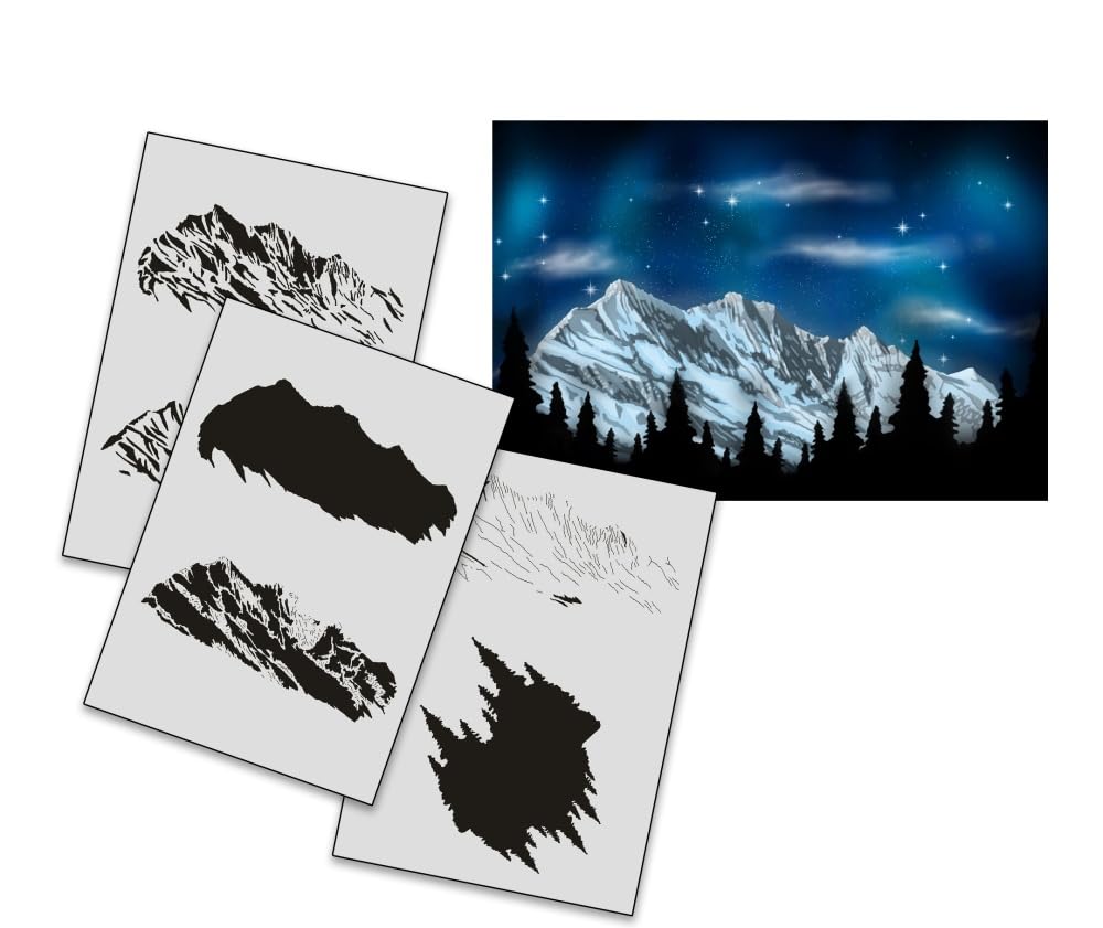 AS-351 Wolf/Mountains Step by Step Airbrush Stencil Set Size S