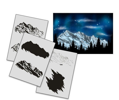 AS-351 Wolf/Mountains Step by Step Airbrush Stencil Set Size S