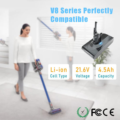 State-of-the-art 21.6V, 4500mAh Li-ion battery replacement for Dyson V8 SV10 vacuum cleaners. Compatible with Dyson V8 Absolute, Fluffy, Animal SV10 models. Comes with 2 filters.