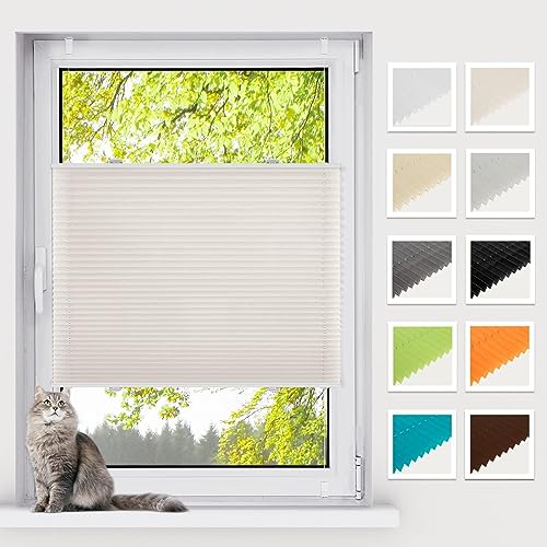 BelleMax Pleated Blind without drilling clamp fix, Beige 130x65cm (LxW), Easyfix translucent privacy and sun protection, blinds pleated roller with clamping bracket, folding blind for windows & doors.