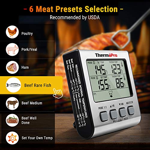 ThermoPro TP17 Digital Meat Thermometer with Dual Probe, Large LCD Backlight, Food Grill Thermometer with Timer Mode for Smoker, Kitchen, Oven, BBQ, Silver