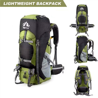 Night Cat Backpack 70L: Trekking Travel Backpack for Men and Women, Breathable for Camping, Hiking, Mountaineering, Climbing, and Bike Travel.