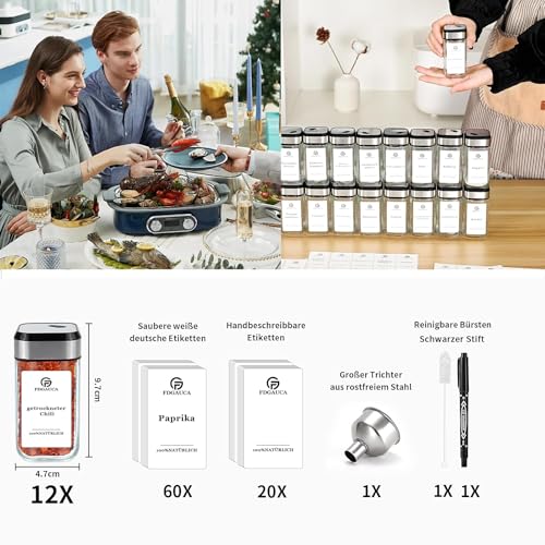 SIAZIH 12×120ml spice jars square, spice containers with snow white German labels, spice jars glass with rotatable spice hole lid, spice organizer for tidy storage of spices.