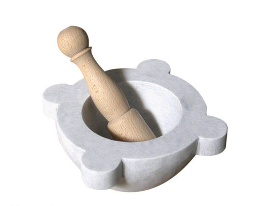 Mortar kitchen mortar made of white marble with wooden pestle, white, Mortar, 20 cm