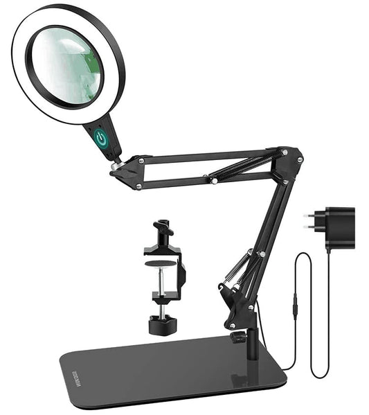 SAVSOO 20 Diopter Magnifying Glass with Light and Stand, Touch Control, 2-in-1 LED Magnifier Lamp, Desk Lamp with Large Base and Clamp, 3 Color Modes Dimmable, Magnifying Lamp for Hobbies Crafting, Black
