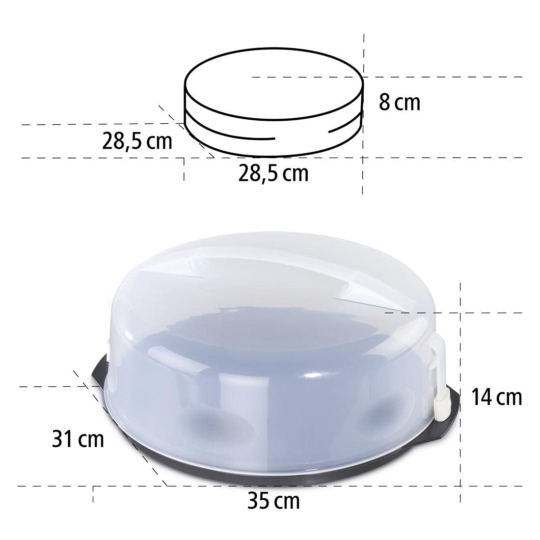 Xavax Cake Transport Box round with lid Cake container 31.5 cm diameter, inner height 8 cm, Cake box with slice division aid, cake plate anthracite, Transparent