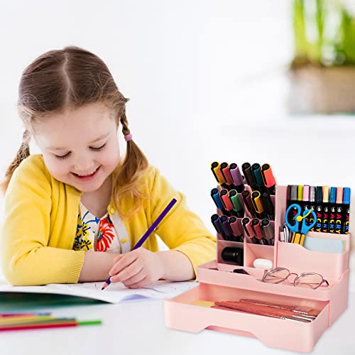 Desk organizer with drawer, 5-piece set, plastic, multifunctional, pen holder for kids, office, home, in pink color.