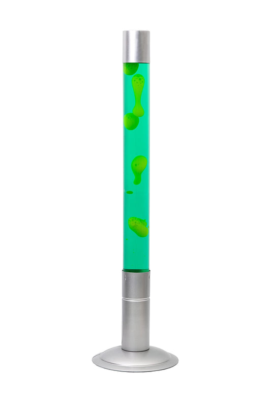 FISURA - Large yellow lava lamp. XXL lava lamp with silver base, green liquid, and yellow lava. Floor lamp 20x20x75 cm.