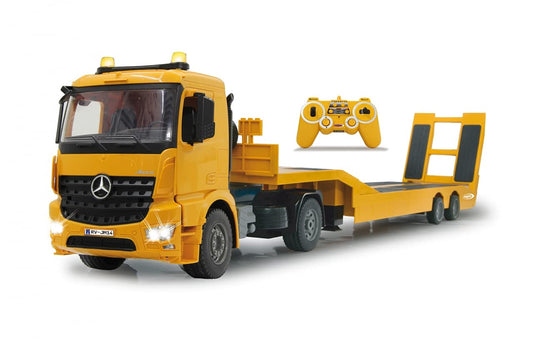 Jamara 405107 - Low loader Mercedes Arocs 1:20 2.4GHz - Coupling and uncoupling low loader, low loader support + ramp up/down, horn, reverse alarm sound, realistic engine sound, 2 speed levels, Yellow