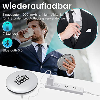 HOTT CD711T Portable Bluetooth CD Player Rechargeable for home, on-the-go, and in the car with stereo headphones and Anti-Shock Protection-Silver