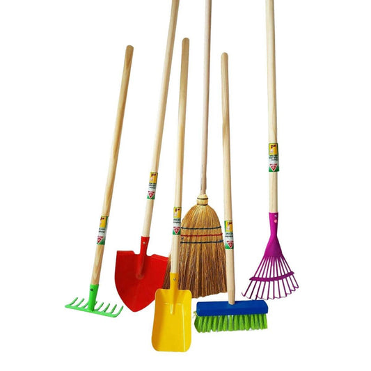 Record Kids Garden Tool Set 6 pieces - shovel, spade, rake, broom, leaf rake, straw broom - Metal - Wooden handle (76cm) Garden toys, gardening set, children's garden tools