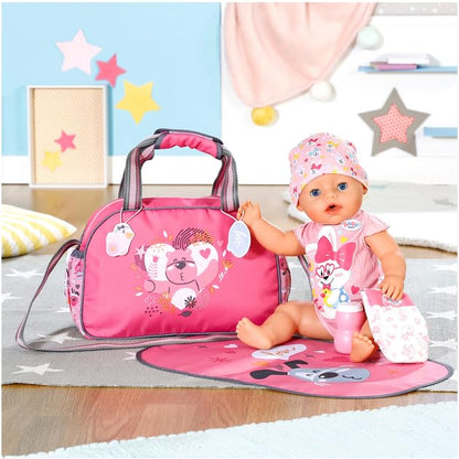 Zapf Creation 832455 BABY born Changing Bag - Doll changing bag in pink and grey including changing mat, diaper, and powder compact.