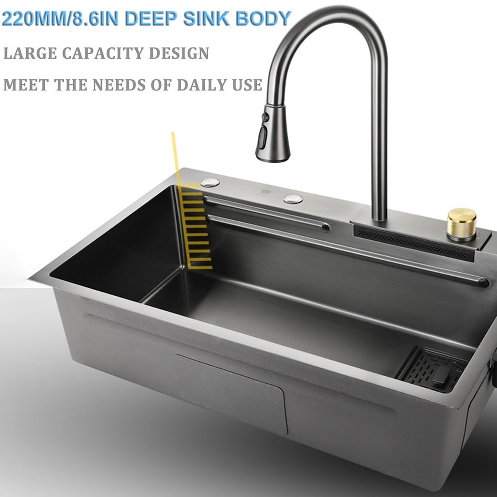 Black Nano Kitchen Sink Stainless Steel Waterfall Sink Set Nano-coated Worktop Sink with Pull-out Faucet and Cup Washer Pressure Glass Washer (Color: A, Size: 75 x 45 x 22 cm)