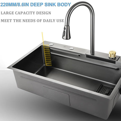 Black Nano Kitchen Sink Stainless Steel Waterfall Sink Set Nano-coated Worktop Sink with Pull-out Faucet and Cup Washer Pressure Glass Washer (Color: A, Size: 75 x 45 x 22 cm)