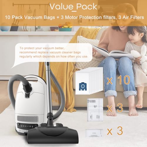 10 Replacement vacuum cleaner bags compatible with Miele vacuum cleaners GN series, Classic C1, Complete C2, Complete C3, S2, S4, S5, S6, S8 series. Includes 3 motor protection filters and 3 exhaust filters.