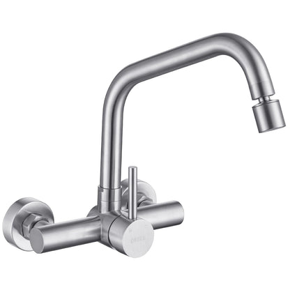 ONCE wall-mounted kitchen faucet with 2 spray settings, kitchen faucet wall mixer with 360° swivel, wall-mounted kitchen sink faucet in brushed stainless steel, matte.