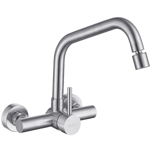 ONCE wall-mounted kitchen faucet with 2 spray settings, kitchen faucet wall mixer with 360° swivel, wall-mounted kitchen sink faucet in brushed stainless steel, matte.