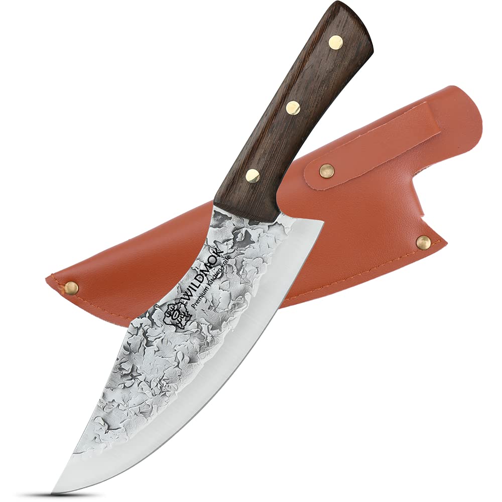 WILDMOK Hand-forged Butcher Knife 19.5cm Meat and Vegetable Cleaver made of Carbon Steel Full Tang Chef's Knife for Kitchen, Camping, and BBQ.