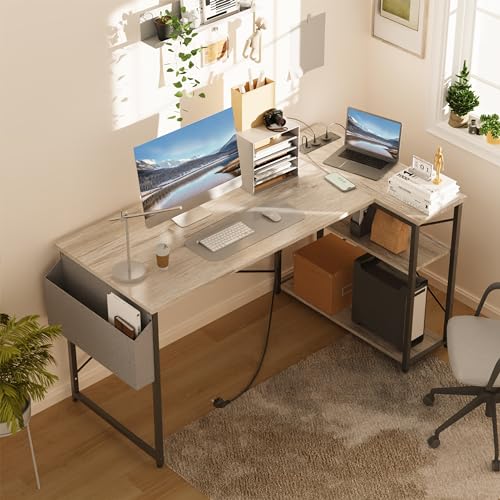 BEXEVUE corner desk with power strip - 120x70 cm. Ergonomic small L-shaped shelves, reversible PC corner desk computer desk, corner gaming table for study work at home bedroom.