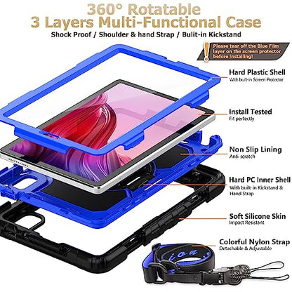 SEYMAC Case for Lenovo Tab M9 2023 9 Inch (TB-310FU), Shockproof Rugged Case with Screen Protector, Pencil Holder, 360° Rotatable Stand, and Hand Strap for Lenovo Tab M9 (Blue)