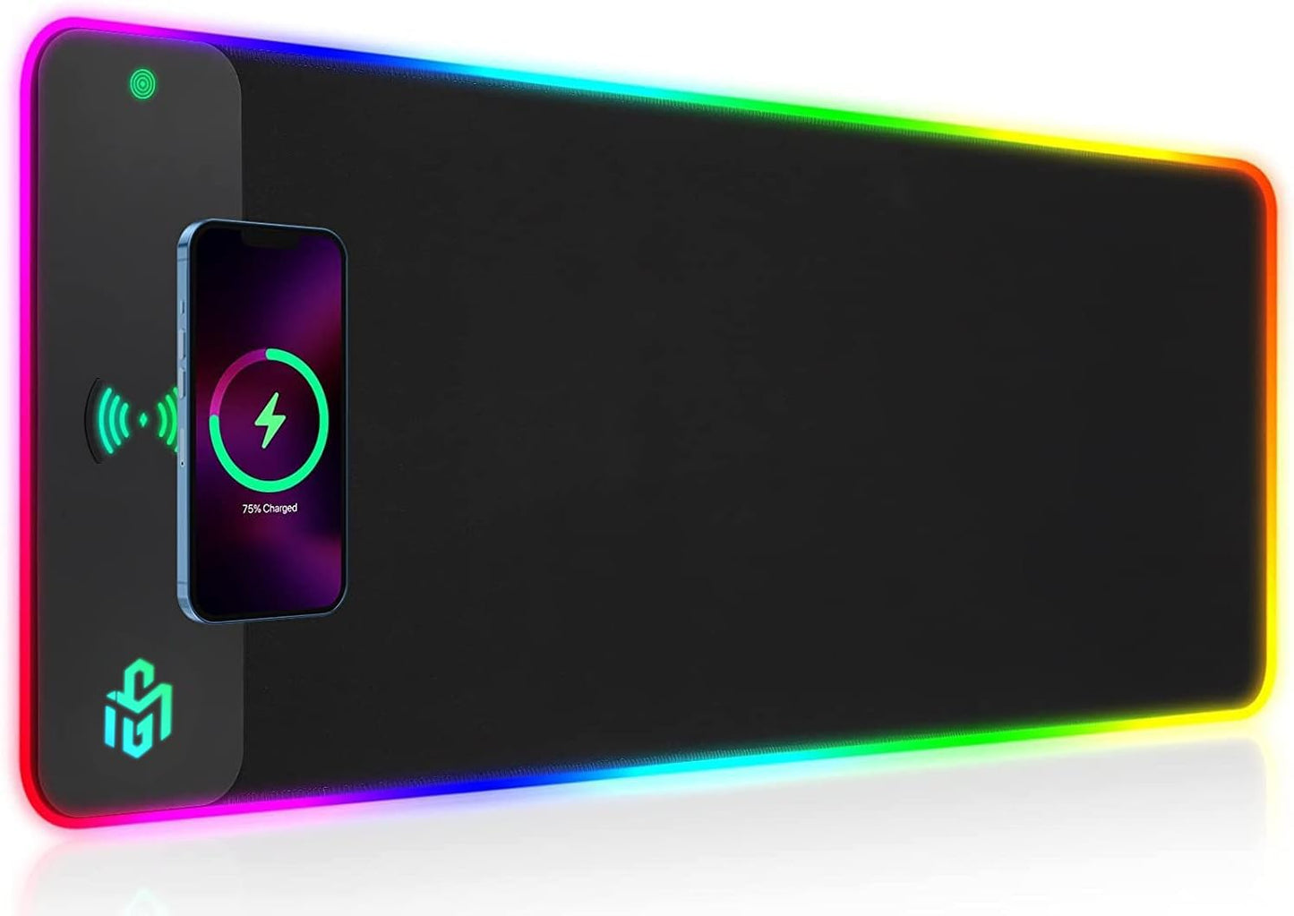 RGB Gaming Mousepad with 15W Qi Mousepad LED, 10 lighting modes and 15W fast charging Qi wireless charging for iPhone, headphones, waterproof, non-slip for gaming, desks, PC, and office.