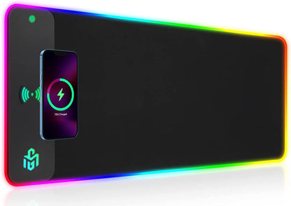 RGB Gaming Mousepad with 15W Qi Mousepad LED, 10 lighting modes and 15W fast charging Qi wireless charging for iPhone, headphones, waterproof, non-slip for gaming, desks, PC, and office.