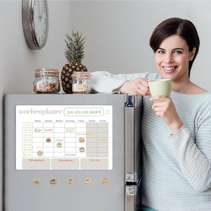 Organizely Magnetic Weekly Planner | Whiteboard for Fridge | Erasable Board for Organization | Includes 4 Markers & 10 Magnetic Wood Icons (Beech)