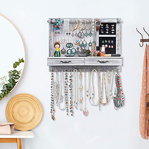 QILICZ Wall Mount Jewelry Organizer Jewelry Holder with Bracelet Bar, 21 Hooks, Drawer Jewelry Storage for Earrings, Studs, Necklaces, Bracelets, Rings, and Accessories