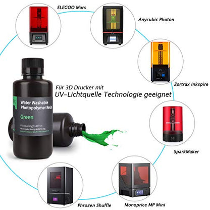 ELEGOO Water Washable 3D Printer Resin LCD UV Curing Resin 405nm Photopolymer Resin for LCD 3D Printing Clear Green 500g
