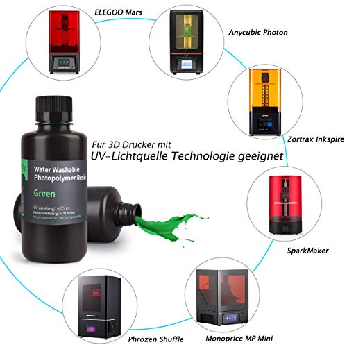 ELEGOO Water Washable 3D Printer Resin LCD UV Curing Resin 405nm Photopolymer Resin for LCD 3D Printing Clear Green 500g