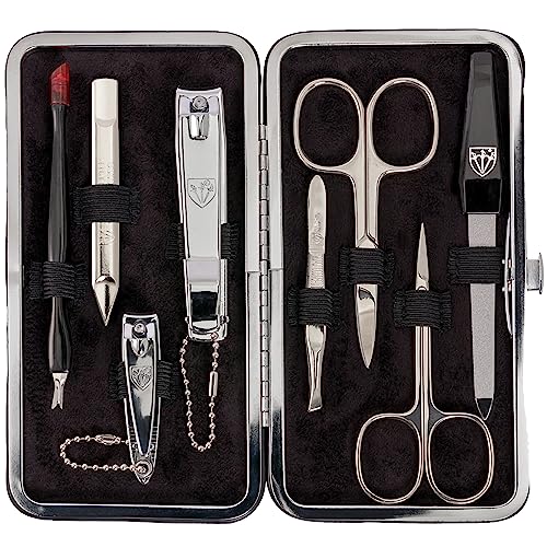 THREE SWORDS - 8-piece manicure set 'Cuneo' | High-quality nail care set in black genuine leather case | Contents: nail scissors, cuticle scissors, nail clipper, sapphire nail file, and more!