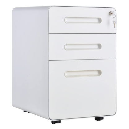 Vinsetto 3-drawer mobile file cabinet with lockable casters, includes hanging file organizer and pencil tray. Office under desk storage unit measures 39x48x59cm in white.