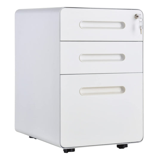 Vinsetto 3-drawer mobile file cabinet with lockable casters, includes hanging file organizer and pencil tray. Office under desk storage unit measures 39x48x59cm in white.