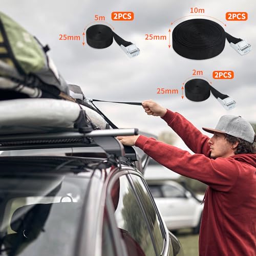 Ratchet tie-down straps, 2M, 5M, and 10M luggage carrier strap, Black fastening strap, Adjustable webbing straps with cam buckle for car, bicycle, hand truck, motorcycle, luggage, camping