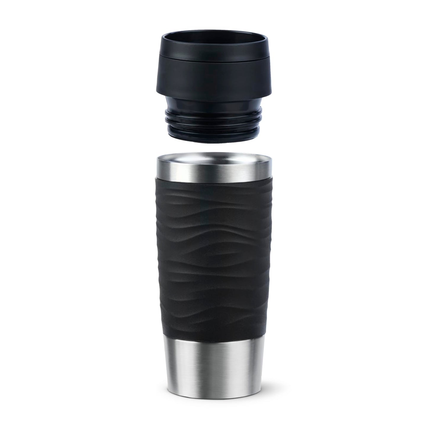 Emsa Travel Mug 360ml Wave Thermos Cup, new comfort screw cap, stainless steel insulated cup, keeps drinks hot for 4h and cold for 8h, 100% leak-proof, dishwasher safe, 360° drinking opening, black, N20212.