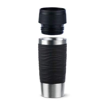 Emsa Travel Mug 360ml Wave Thermos Cup, new comfort screw cap, stainless steel insulated cup, keeps drinks hot for 4h and cold for 8h, 100% leak-proof, dishwasher safe, 360° drinking opening, black, N20212.
