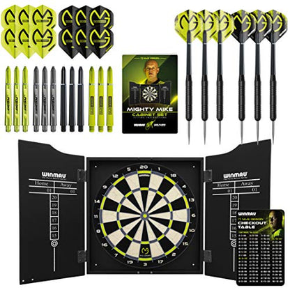 WINMAU MvG Mighty Mike Dart Cabinet Set includes bristle dartboard, 2 sets of darts, and accessories, L, Black.