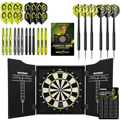 WINMAU MvG Mighty Mike Dart Cabinet Set includes bristle dartboard, 2 sets of darts, and accessories, L, Black.