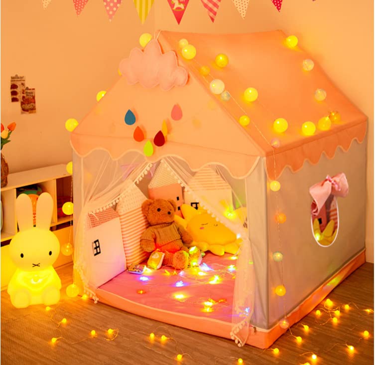 Children's play tent with star lights, girls' princess castle tent, indoor play tent with ball lights and cloud decorations. Dimensions 120x110x130cm.