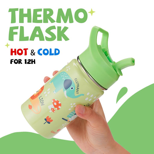 SANTECO Kids Stainless Steel Water Bottle 500ml with Straw, Kids Thermos Bottle BPA-free Water Bottle Easy to Clean, Thermos Flask for Boys Girls in Kindergarten School - Owl