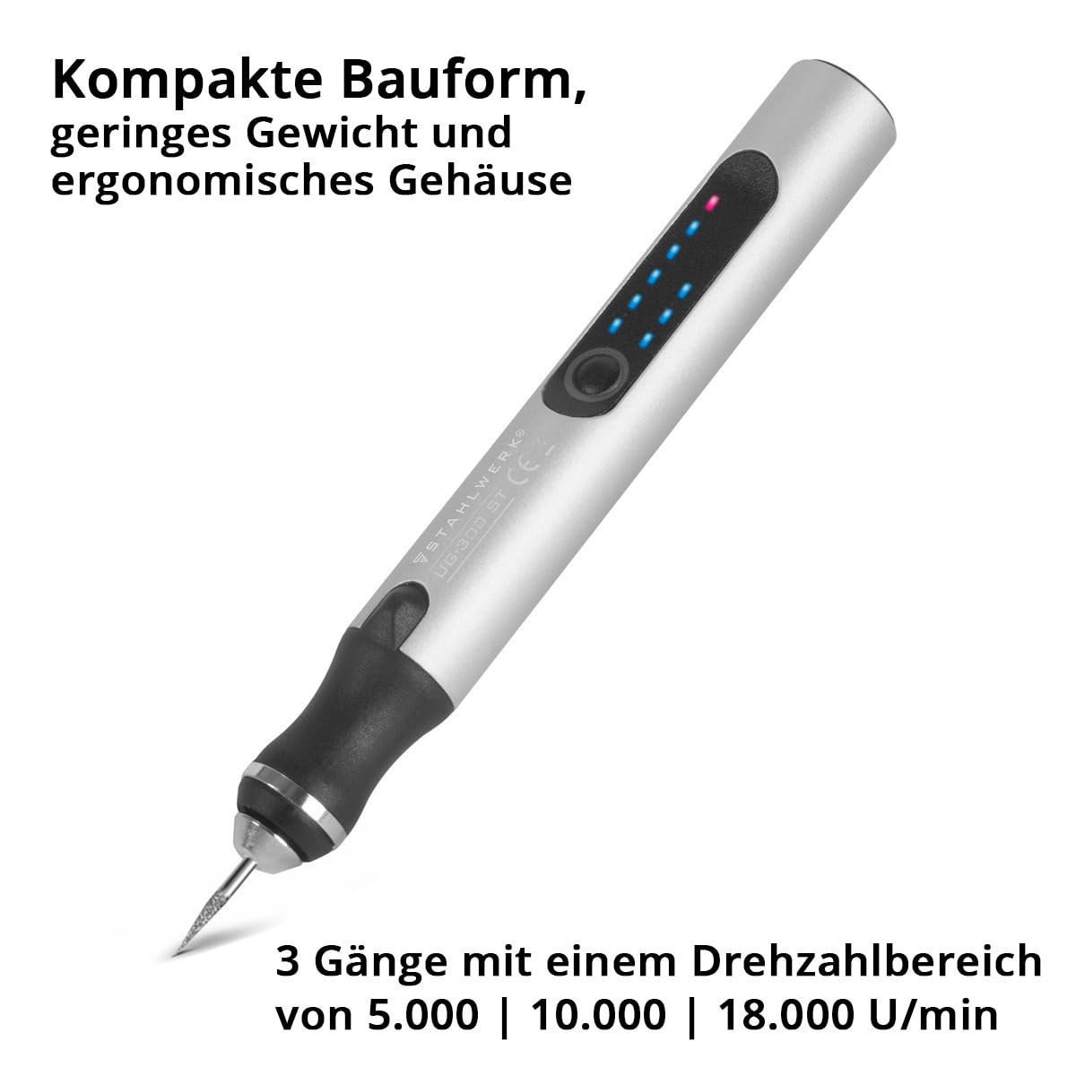 STEELWORK USB Engraving Pen UG-300 ST with 8W battery Engraver | Engraving Pen | Engraving Tool | Engraving Device | Milling Cutter | Engraving tool with 3 speeds and up to 18,000 rpm for precise engraving work.