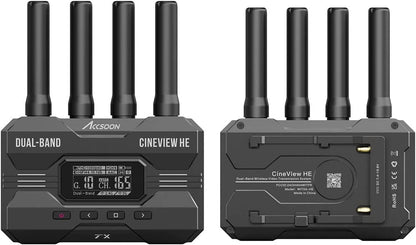 Accsoon CineView WIT04-HE video transmission dual-band HDMI wireless transmitter & receiver with a range of 1200ft (350m) and support for up to 4 monitor devices. Operates on 2.4+5Ghz frequencies with latency of less than 0.06s.