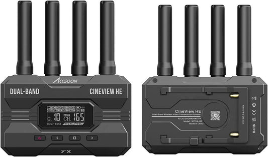 Accsoon CineView WIT04-HE video transmission dual-band HDMI wireless transmitter & receiver with a range of 1200ft (350m) and support for up to 4 monitor devices. Operates on 2.4+5Ghz frequencies with latency of less than 0.06s.