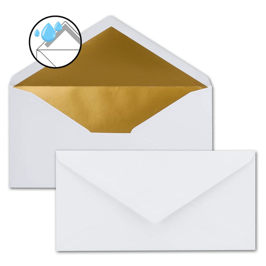 25 envelopes size DIN Long - White with gold metallic inner lining - 110 x 220 mm - wet adhesive - festive envelopes for Christmas