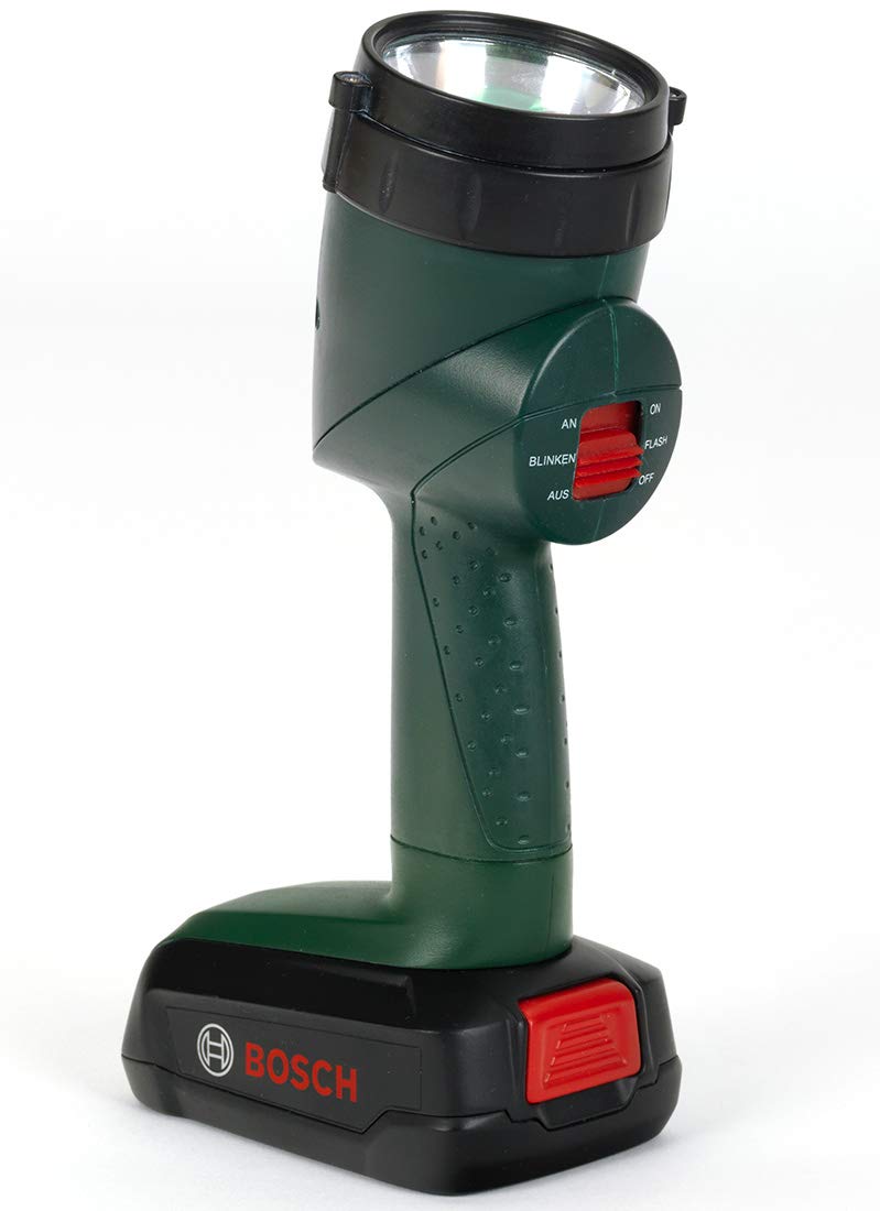 Theo Klein 8399 Bosch Chainsaw I Realistic, child-sized replica I 13 cm x 39.5 cm x 14 cm & Bosch Battery-Powered Lamp I Lamp that rotates 90 degrees I 9.5 cm x 6.4 cm x 18 cm