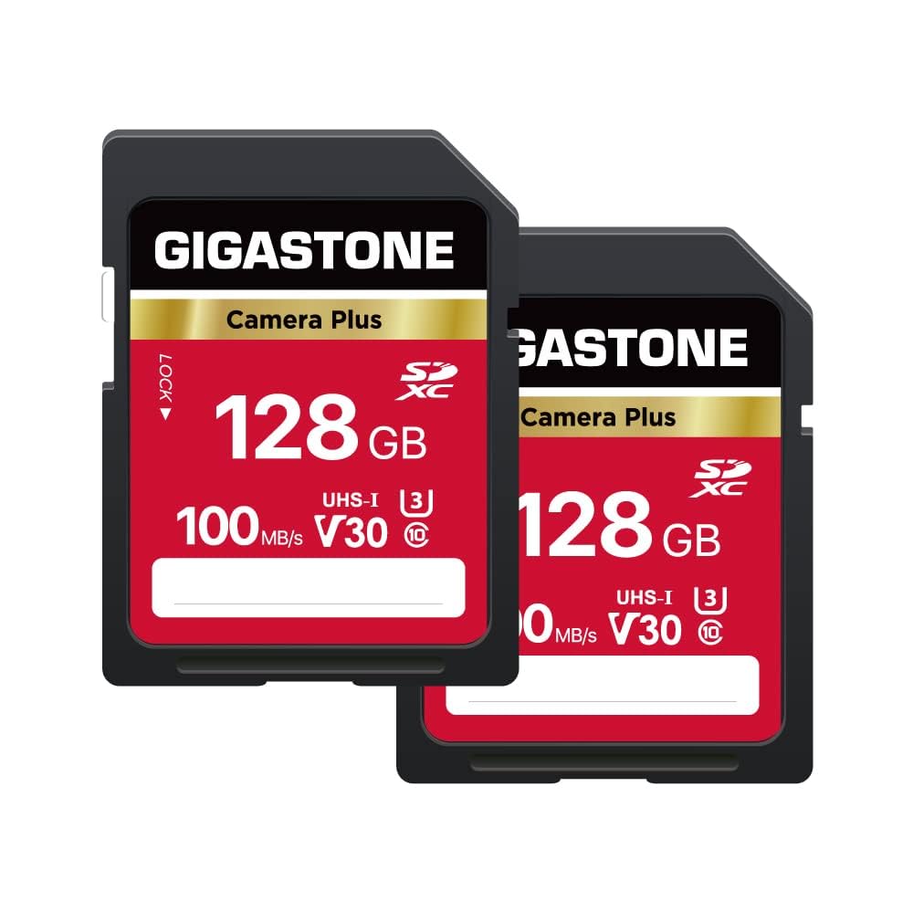 GIGASTONE 128GB SDXC Memory Card 2-Pack, Camera Plus, up to 100 MB/s, for video recording with Canon Olympus digital cameras, V30 UHS-I U3 Class 10.