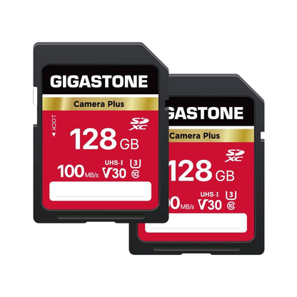 GIGASTONE 128GB SDXC Memory Card 2-Pack, Camera Plus, up to 100 MB/s, for video recording with Canon Olympus digital cameras, V30 UHS-I U3 Class 10.