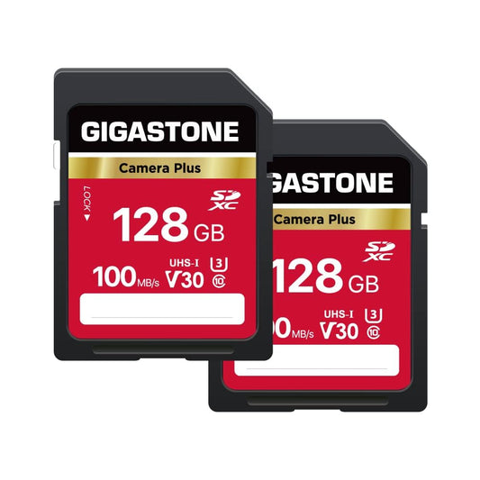GIGASTONE 128GB SDXC Memory Card 2-Pack, Camera Plus, up to 100 MB/s, for video recording with Canon Olympus digital cameras, V30 UHS-I U3 Class 10.