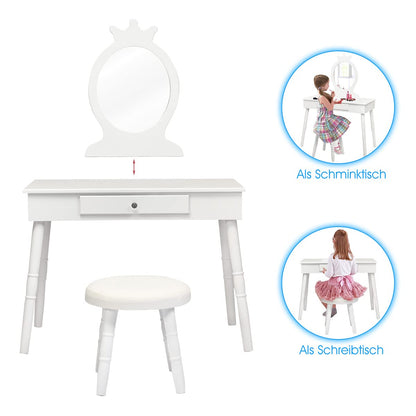 GOPLUS Kids Vanity Set with Stool, Girls Dressing Table with Mirror, Children's Cosmetic Table with Drawer, Wooden Makeup Dresser for Kids' Room (White)